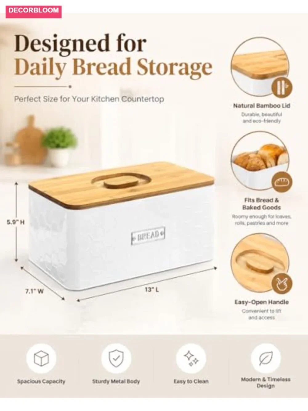 White Metal Bread Box with Bamboo Cutting Board Lid